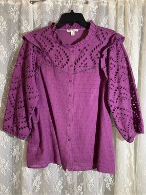 Eyelet Ruffle Button-Front Top in Purple